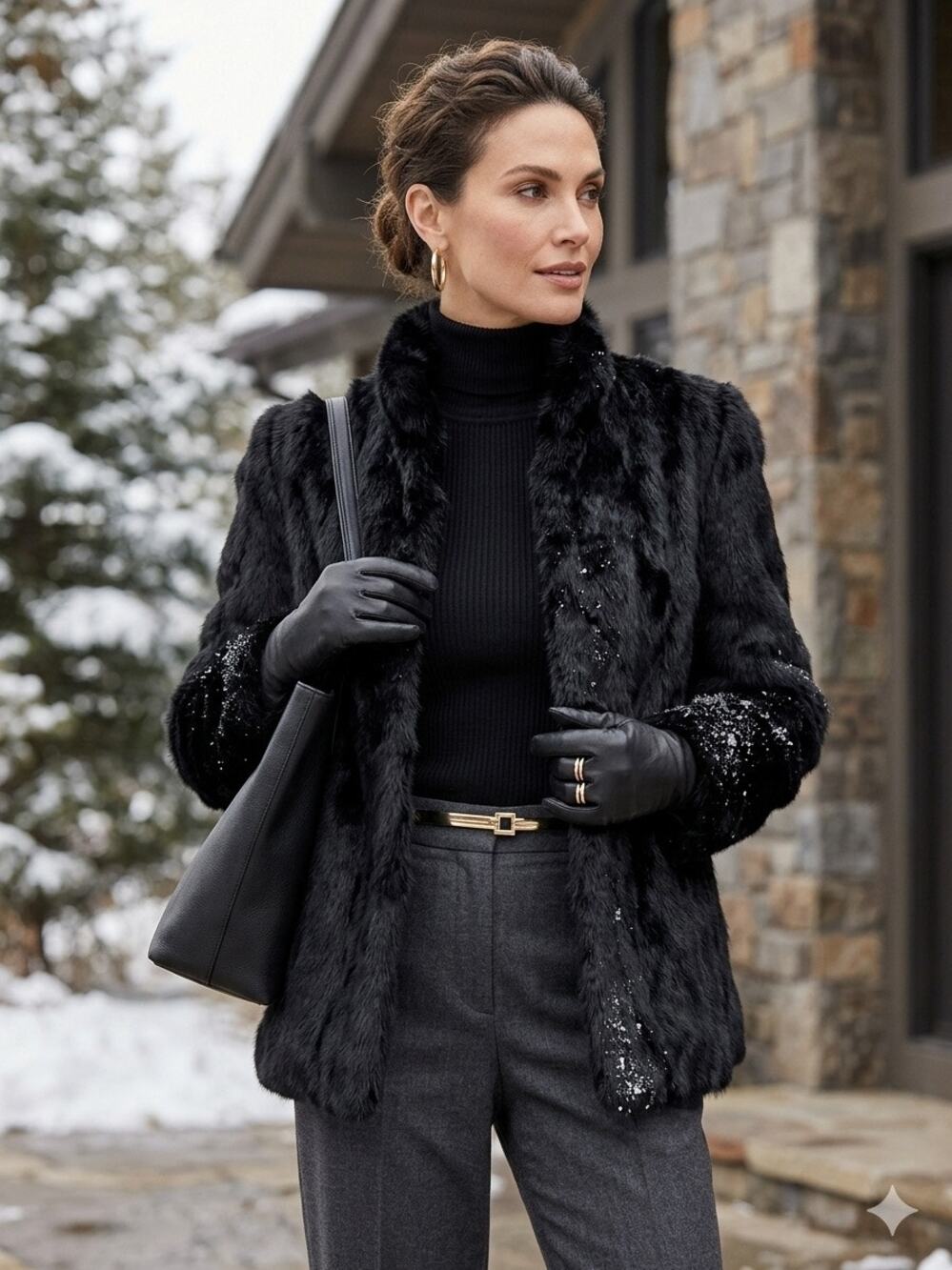 Vintage women's Black Real Rabbit Fur Coat Jacket Soft Plush Mob Wife medium